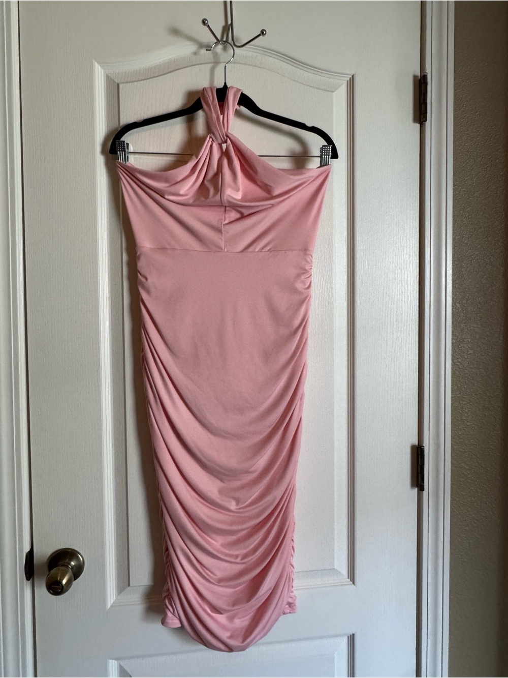 Blush Pink Halter Ruched Midi Dress